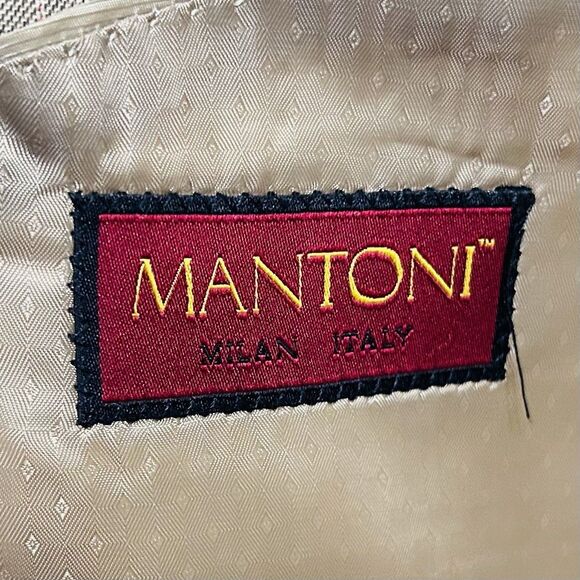 Mantoni 46L Suit 36x31 Pleated Beige Striped 100% Wool Four Button Lined - Picture 3 of 12
